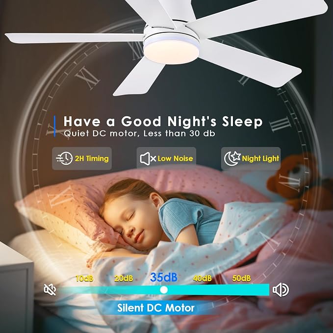 Hounberi 46 Inch Flush Mount Ceiling Fan with RGB Light and Remote, Modern White Low Profile Ceiling Fan for Low Ceilings, 3CCT Dimmable LED, 6 Speeds Quiet Reversible Motor for Bedroom & Living Room