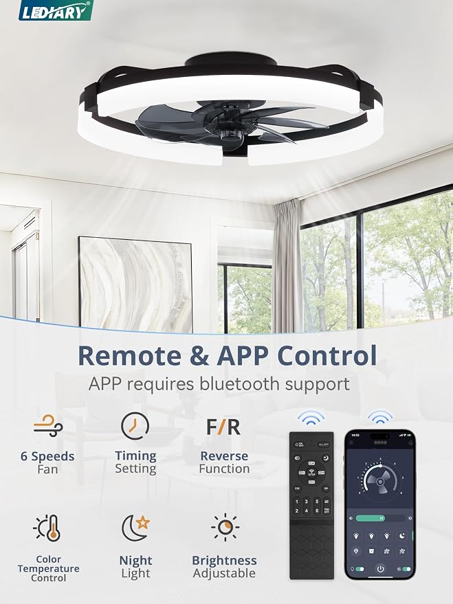 LEDIARY 2 Pack 20" Ceiling Fans with Lights and Remote, Low Profile Ceiling Fan, 3 CCT, Stepless Dimmable, Fandelier Flush Mount Fan Light, 6 Speeds, DC Motor, App & Remote Control for Bedroom(Black)