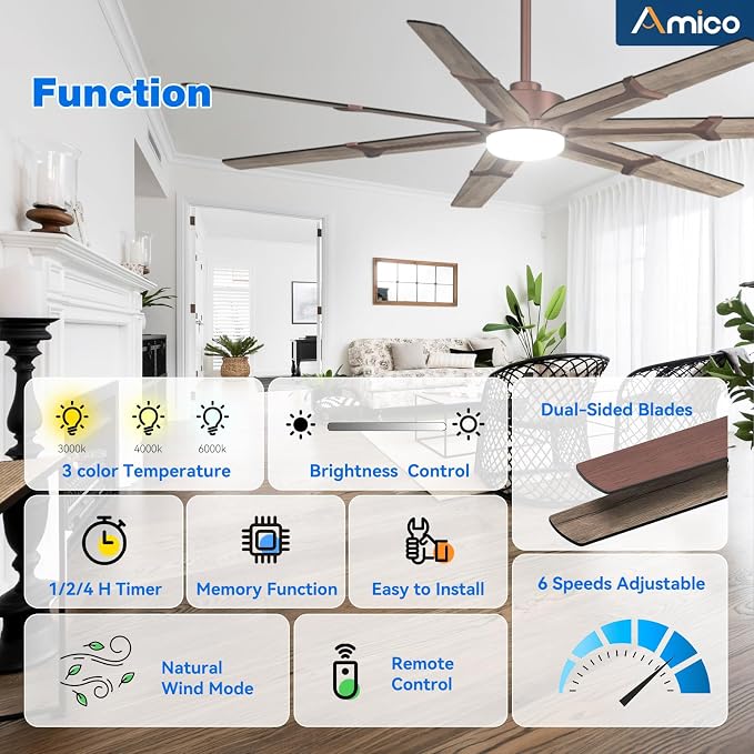 Amico 72 Inch Ceiling Fans with Lights and Remote, Indoor Outdoor Ceiling Fan for Patio Living Room, Kitchen, Quiet 6-Speed Reversible DC Motor, Dual-Sided Blades, Brown Farmhouse Dimmable & 3CCT