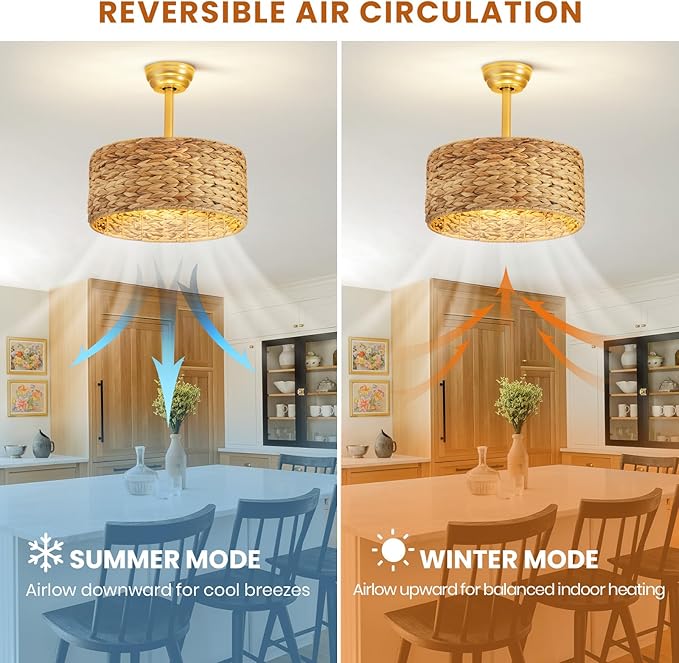 Boho Fandelier Ceiling Fans with Lights,Rattan Chandelier Fan Gold Caged Ceiling Fan with Light Remote Flush Mount Chandelier Ceiling Fan 6 Speeds Fandelier for Bedroom Living Room Kitchen