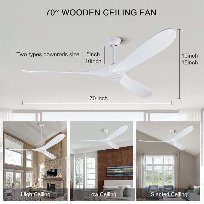 Large Ceiling Fans without Lights, 72 Inch Ceiling Fan no Light with Remote Control, 3 Solid Wood Blades Indoor Outdoor Fans Ceiling for Patios Porch Living Room Office (White Blades)