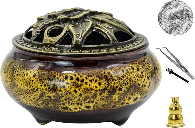 Ceramic Incense Burner with Lid, Incense Holder for Sticks Incense Cone Holder with Brass Incense Stick Holder for Yoga Meditation Home Decor (Fambe Yellow)