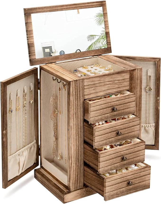 Emfogo Jewelry Box for Women, 5 Layer Large Wood Boxes & Organizers for Necklaces Earrings Rings Bracelets, Rustic Organizer with Drawers and Mirror(Carbonized Black)