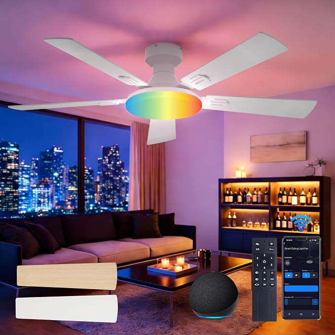 Amico Ceiling Fans with Lights, 52'' Smart RGB Ceiling Fan with Remote/APP/Alexa Control, Flush Mount, Reversible DC Motor, 5 Blades, 6 Speeds, 3CCT, Dimmable, Noiseless, Bedroom, Living Room, White