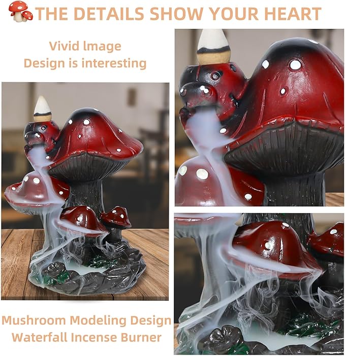 Mushroom Backflow Incense Holder – Ceramic Incense Cone Holder with 60 Backflow Incense Cones | Waterfall Incense Burner & Waterfall Fountain | Unique Smoke Cascade Effect for Relaxation & Meditation