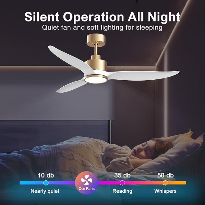 52 Inch High CFM Modern White Gold Ceiling Fan with Light and Remote | Quiet DC Motor, 3-Color Dimmable LED with Memory, Reversible, 6 Speeds, Indoor Ceiling Fan for Bedroom Living Room