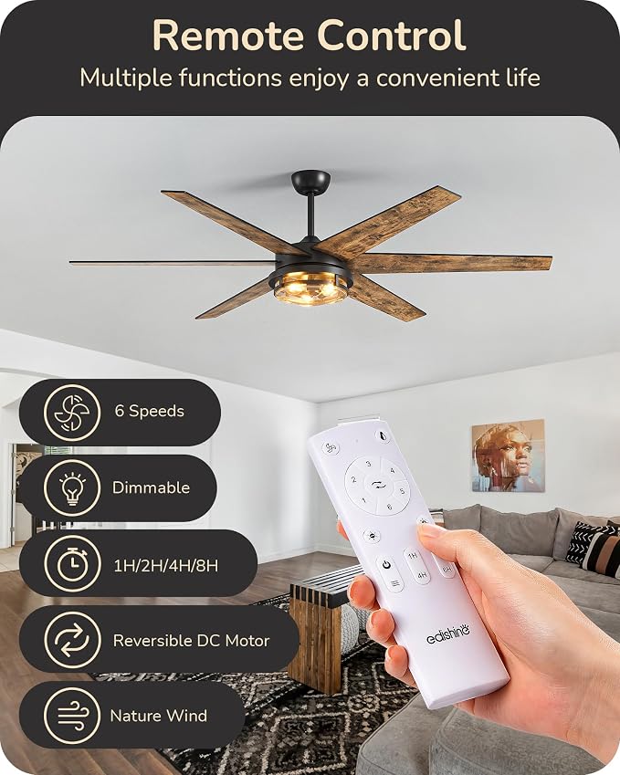 EDISHINE 70" Large Farmhouse Ceiling Fans with Lights and Remote,10%-100% Dimmable, Wood Blades, 8000CFM Indoor Black Ceiling Fan for Living Room Patio Office, 6 Speed Reversible Quiet DC Motor