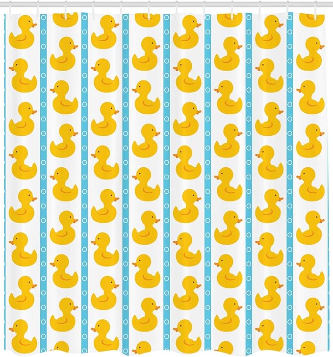 Ambesonne Rubber Duck Shower Curtain, Duckies on Stripes and Small Circles Play Pattern Print, Cloth Fabric Bathroom Decor Set with Hooks, 69" W x 75" L, White
