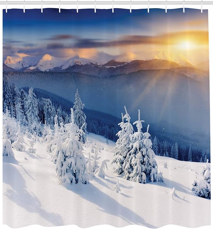 Ambesonne Winter Shower Curtain, Disappearance of Sunrise in Mountain Tops Dramatic Sky Alpine, Cloth Fabric Bathroom Decor Set with Hooks, 69" W x 84" L, Pale Blue