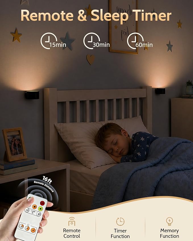 LED Wall Mounted Lights, Rechargeable Wall Sconces, 3 Color Temps, Remote & Touch, 360° Rotating and Dimmable for Bedroom, Bedside & Reading (Black, 2 Pack)
