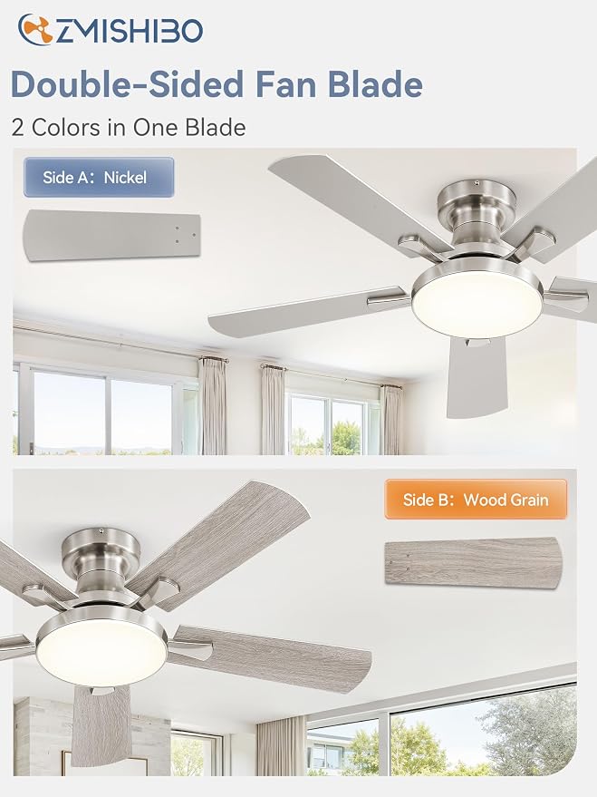 ZMISHIBO 42 Inch Ceiling Fans with Lights, Flush Mount Low Profile Ceiling Fan with 6 Speeds & 3CCT, Smart Remote&APP Control, Dimmable 24W LED Light, Quiet DC Motor for Living Room Bedroom,Nickel