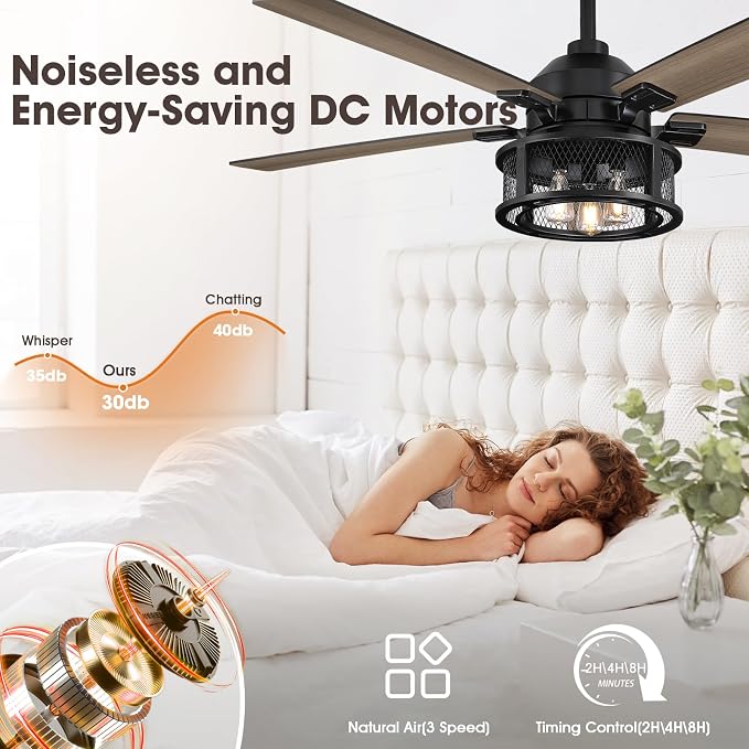 52 Inch Farmhouse Ceiling Fans with Lights and Remote, Outdoor Ceiling Fan with 5 Dual Finish Blades, Black Ceiling Fan with Reversible Quiet Motor for Bedroom, Living Room, Kitchen, Black