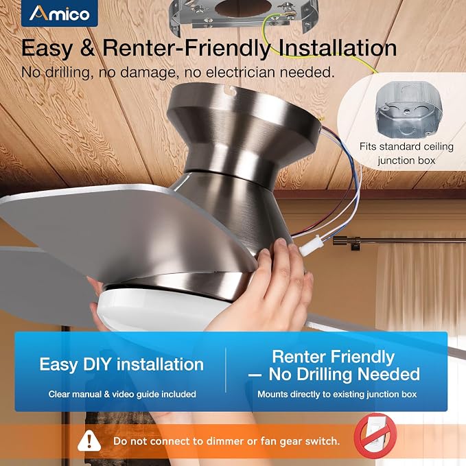 Amico Ceiling Fans with Lights, 30 inch Low Profile Ceiling Fan with Light and Remote Control, Flush Mount, Reversible, 3CCT, Dimmable, Noiseless, Nickel Ceiling Fan for Bedroom, Indoor/Outdoor Use