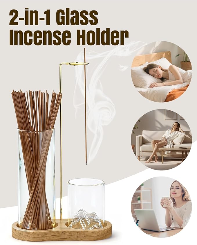 2-in-1 Glass Incense Holder for Sticks, Wooden Incense Burner with Ash Catcher & Incense Storage, Anti-Ash Flying Incense Stick Holder for Meditation, Yoga, Spa, and Home Decor(Natural Wood)