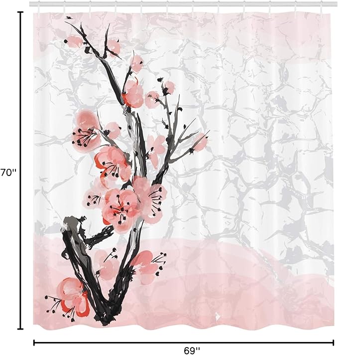 Ambesonne Floral Shower Curtain, Japanese Cherry Blossom Sakura Tree Branch Soft Pastel Watercolor Print, Cloth Fabric Bathroom Decor Set with Hooks, 69" W x 70" L, Pink Coral