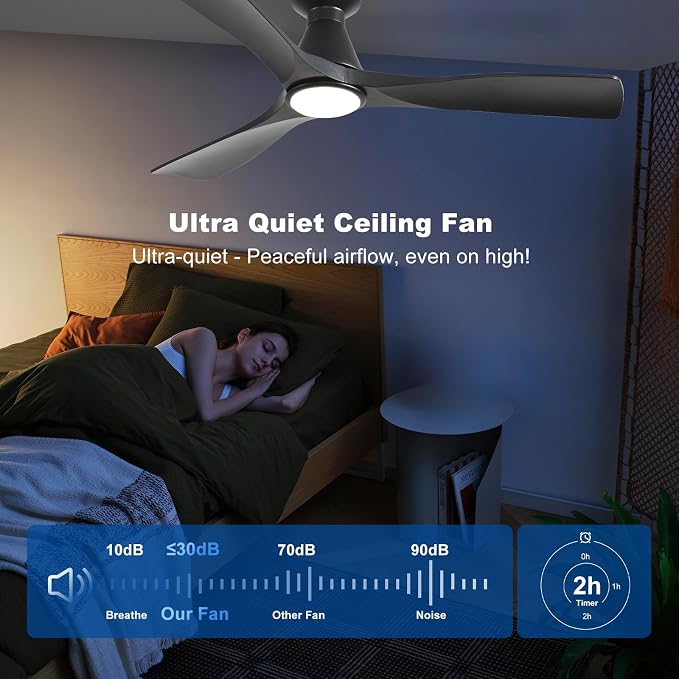 Depuley 52-Inch Ceiling Fans with Lights: Black 3 Blade Flush Mount Low Profile Ceiling Fan for Bedroom - Dimmable Indoor Outdoor Fan with Remote Control Ultra Quiet DC Motor Timer
