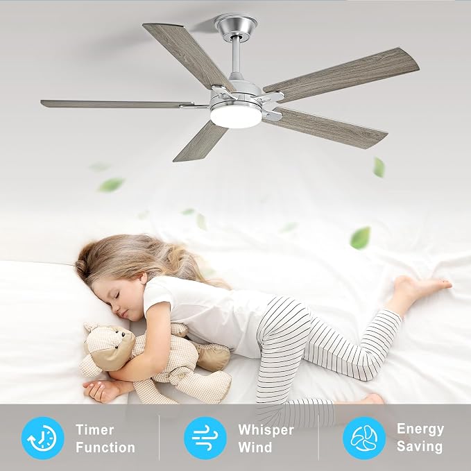 Depuley 42-inch Ceiling Fan with Light: Nickel Ceiling Fan for Living Room Indoor Outdoor - Modern Ceiling Fan with Remote Control 3CCT Dimmable Noiseless 5 Reversible Silver Blades 6 Speeds Timer