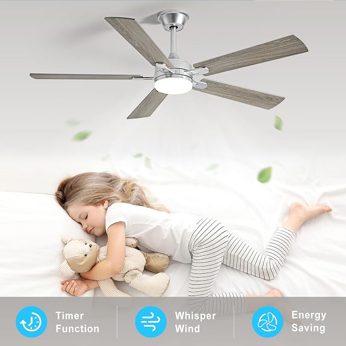 Depuley 52-inch Ceiling Fan with Light: Nickel Ceiling Fan for Living Room Indoor Outdoor - Modern Ceiling Fan with Remote Control 3CCT Dimmable Noiseless 5 Reversible Silver Blades 6 Speeds Timer