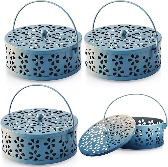 Lallisa 4 Pieces Mosquito Coil Holder Incense Coil Holder Retro Portable Round Metal Hanging Incense Burner Holders with Handle for Home Indoor Outdoor Camping Patio (Blue)