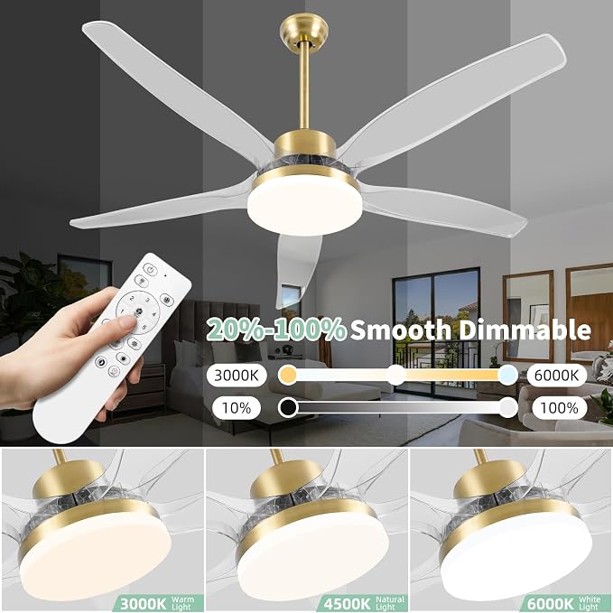 OKELI Smart Ceiling Fans with Light and Remote, Voice Control via WiFi Alexa App, 58 Inch Modern Clear Blades Gold Alexa Ceiling Fan Reversible Dimmable LED Ceiling Fan for Living Room