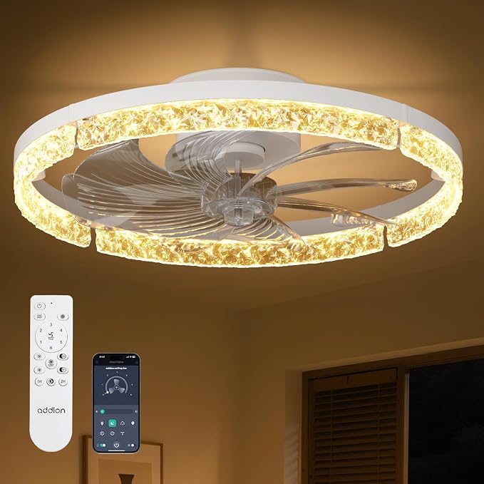 addlon Ceiling Fans with Lights and Remote, 20'' Low Profile Ceiling Fans, 3000-6000K Dimmable Modern Flush Mount LED Fan Light, Fandelier Ceiling Fan for Bedroom, Kitchen, Living Room, White