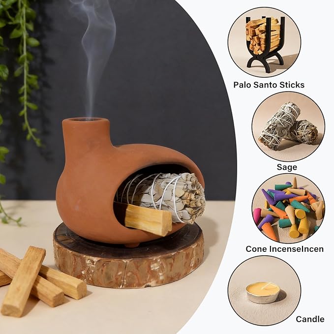 MOUGIGI Handmade Terracotta Orange-red Palo Santo Holder - Mini Chiminea Incense Burner Chimney for Palo Santo Sticks, Sage & Cones - Smudge Bowl for Energy Cleansing,Meditation & Aromatherapy Gifts