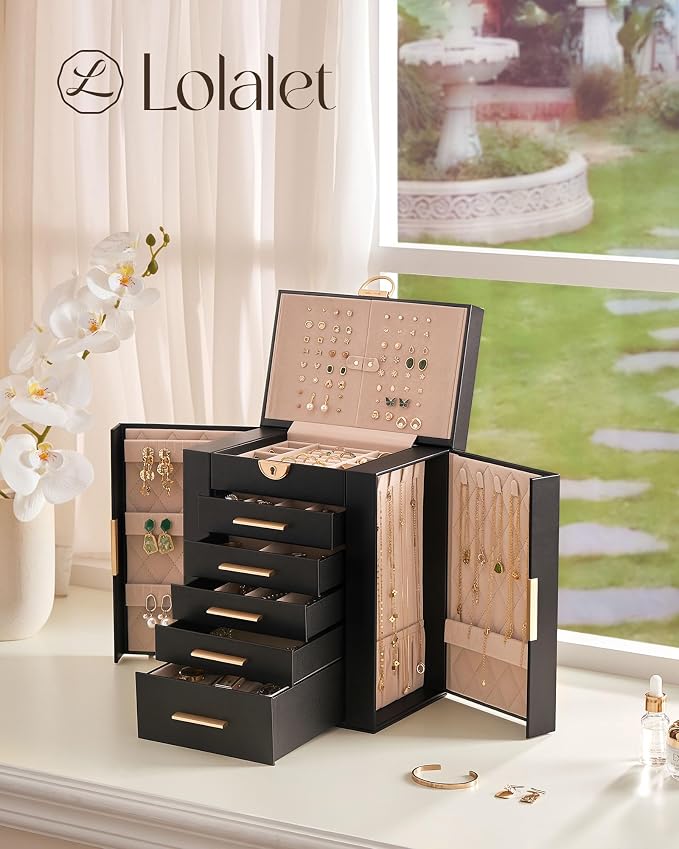 Lolalet Large Jewelry Box Organizer for Women, 6-Layer Jewelry Organizers and Storage Case with Mirror & 5 Drawers, Lockable Watch Ring Earring Bracelet Necklace Holder Girls Gift -6Layer, Black