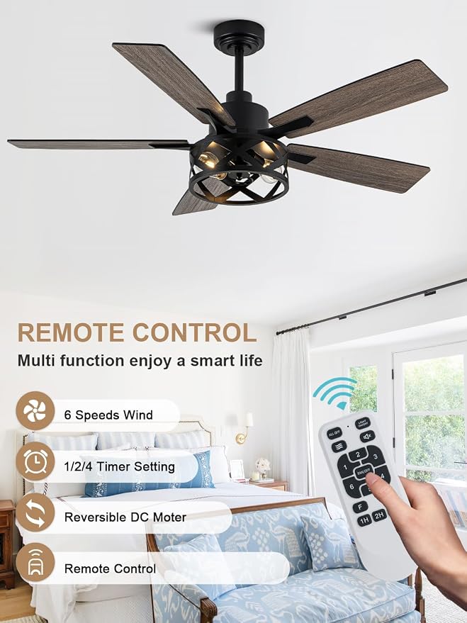 52" Farmhouse Ceiling Fan with Lights and Remote, Rustic Ceiling Fan Black Caged Fandelier Large Industrial Chandelier Light for Bedroom Living Room, Reversible DC Motor 6 Speeds