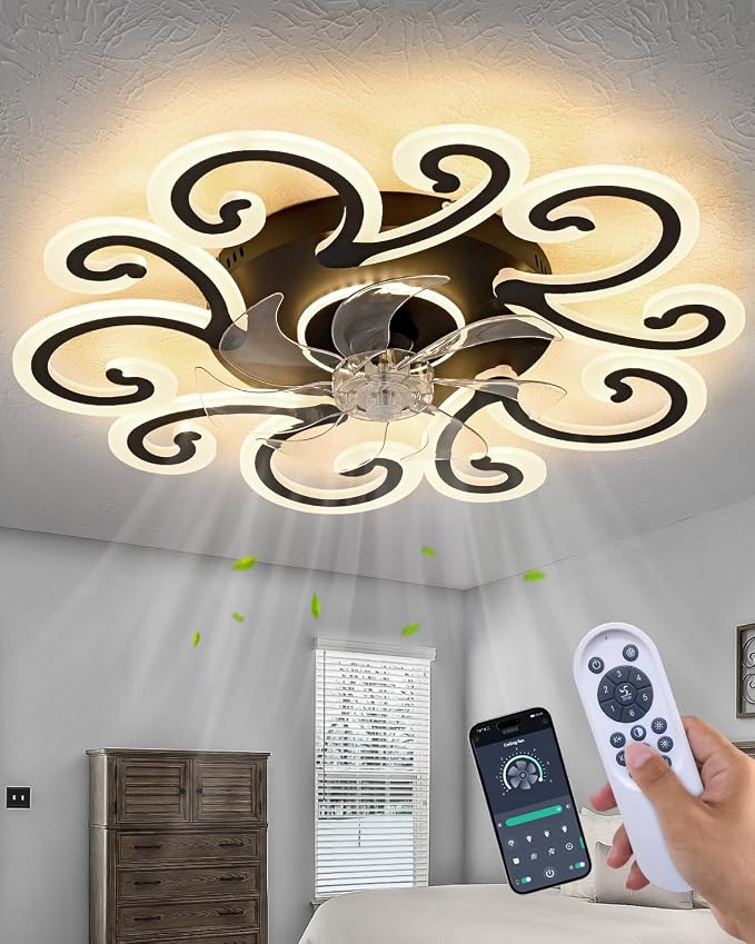 Remote-Controlled Ceiling Fan with Light, Modern Ceiling Fan with Lighting, Stepless Dimming with Color Temperature Adjustment, 6-Speed Settings, Suitable for Bedrooms and Living Rooms (Black)