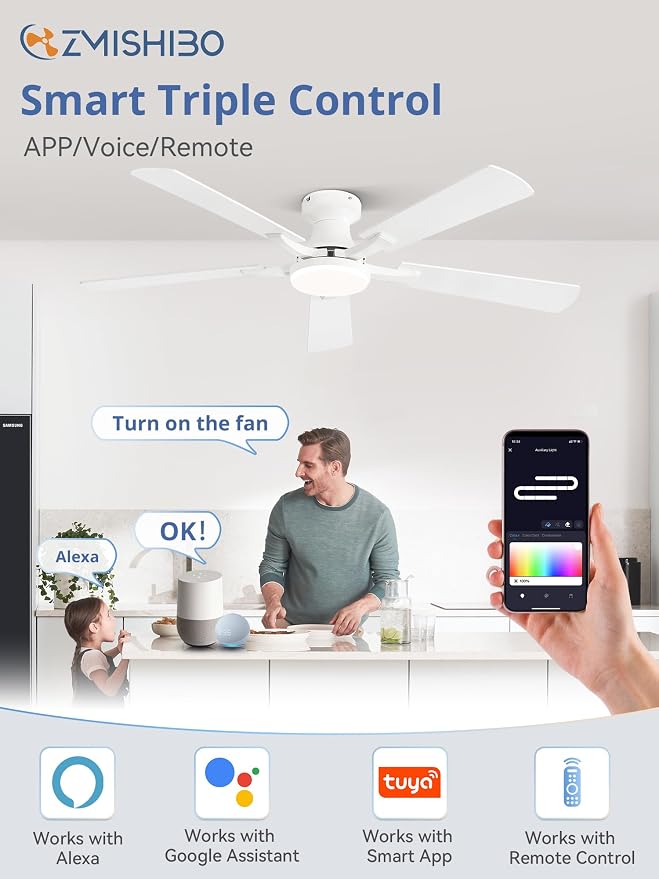 ZMISHIBO 52 Inch Ceiling Fan with RGB Lights, Low Profile Flush Mount with Alexa/App/Remote, Dimmable 20W LED Light, White Modern for Living Room, Bedroom, Game Room