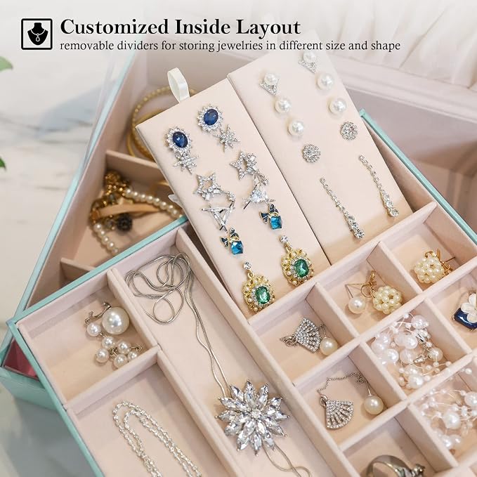 ProCase 2 Layers Jewelry Box for Women -Mint | Large Leather Jewelry Organizer Storage Case with Removable Pad for Earrings