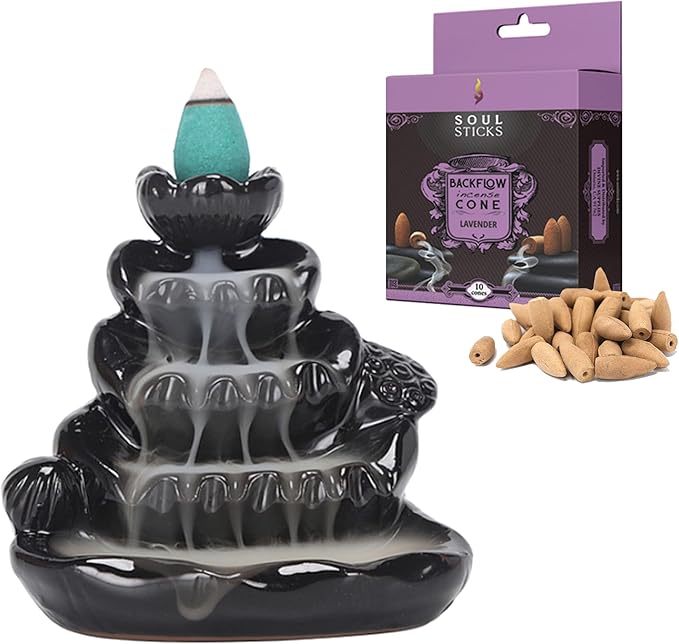 SOUL STICKS Backflow Incense Holder Burner Waterfall Fountain for Home, Office, Yoga, Room Decor & Aromatherapy with 1 Pack of 10 Backflow Fragrance Cones Included (Spring Garden)