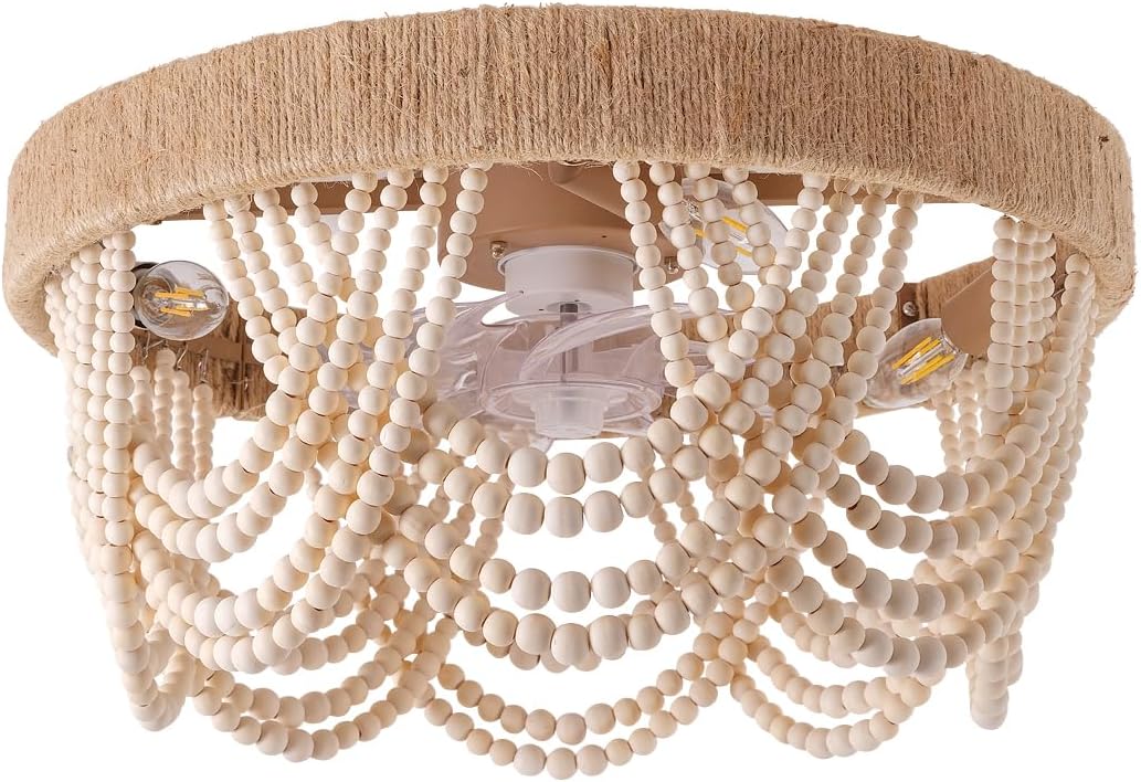 20" Boho Ceiling Fan with Light, Coastal Flush Mount Fandelier Ceiling Fans with Lights and Remote Control,Enclosed Beaded Caged with 6 Speeds for Bedroom Nursery Living Room