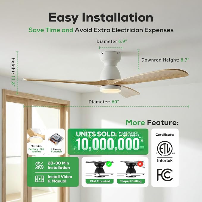 60 inch Smart Flush Mount Ceiling Fan with Lights,Low Profile Wood Ceiling Fan with lights Works with App&Alexa/Gg Voice Control&Remote,Quiet DC Motor for Covered Patio Porch,Nature Wood