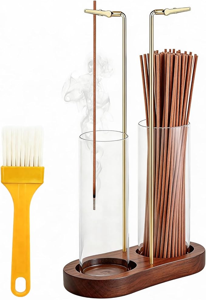 Glass Incense Holder, 2 in 1 Hanging Incense Burner Holder with Ash Catcher & Storage | Cute Boho Decor for Meditation, Yoga, Spa | Stick Incense Holder, Censer, Incense Tray Alternative (Walnut)