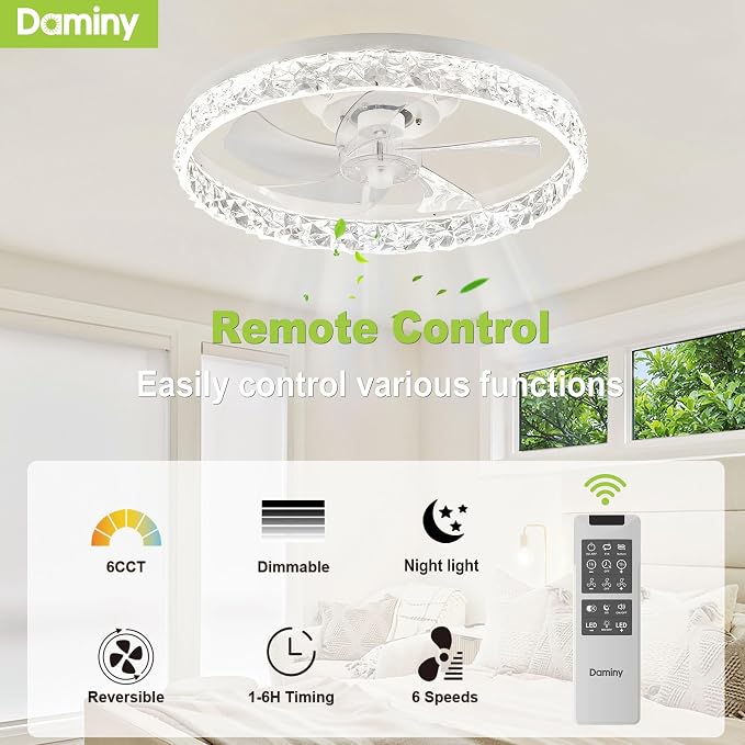 DAMINY Ceiling Fans with Lights and Remote, 6CCT,Dimmable Low Profile Ceiling Fan with Light, Flush Mount Bladeless Ceiling Fan,6 Speeds,20 inch White Modern