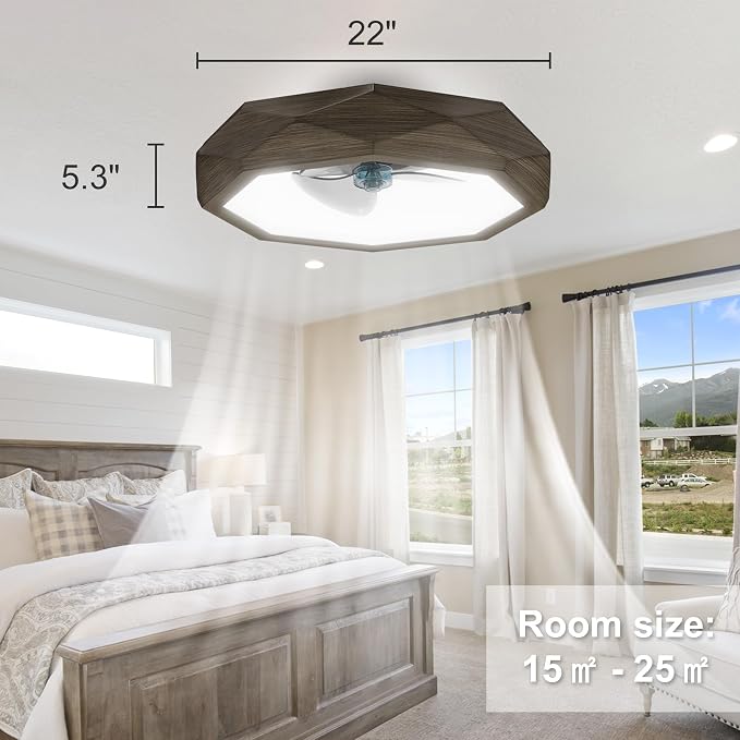 RGB Ceiling Fans with Lights and Remote, Modern Smart LED Ceiling Fans Light, 6 Speeds & 3000K-6500K Dimmable, Quiet Bladeless Fandelier Ceiling Fan with Light for Bedroom (22In,Walnut Wood)