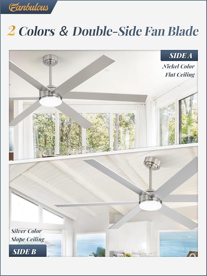 Fanbulous 72 Inch Ceiling Fans with Lights and Remote, Reversible 6 Blades & Dimmable 3-Color Outdoor Ceiling Fans for Patios, DC Motor Large Ceiling Fan for Indoor or Covered Outdoor, Nickel