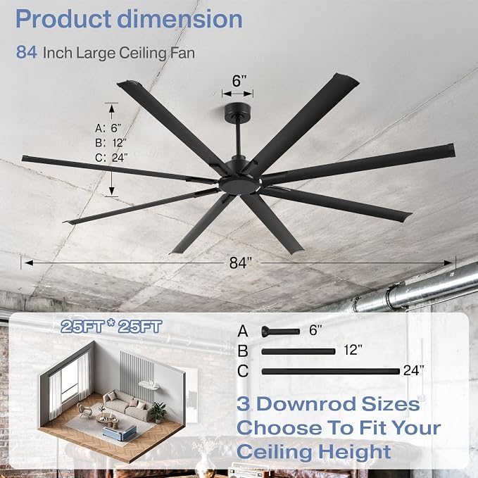 84-inch industrial ceiling fan, 6-speed garage ceiling fan with remote control, 8 aluminum blades, large ceiling fan with a quiet reversible DC motor suitable for garages, gyms, and offices.