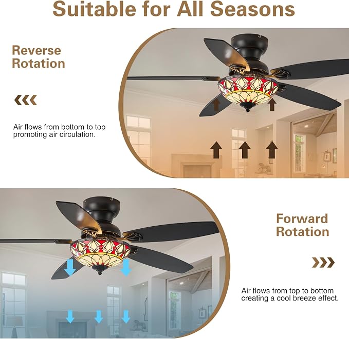 Tiffany Ceiling Fans with Lights - 48" Ceiling Fan Chandelier with 5 Dual-Blades and Glass Shade, 6 Speeds and Reversible, Indoor and Outdoor, Retro Style