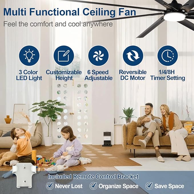 Large Ceiling Fan with Light: 100 Inch Outdoor Fan - Industrial Ceiling Fan with Remote for Shop Garage Patio Black