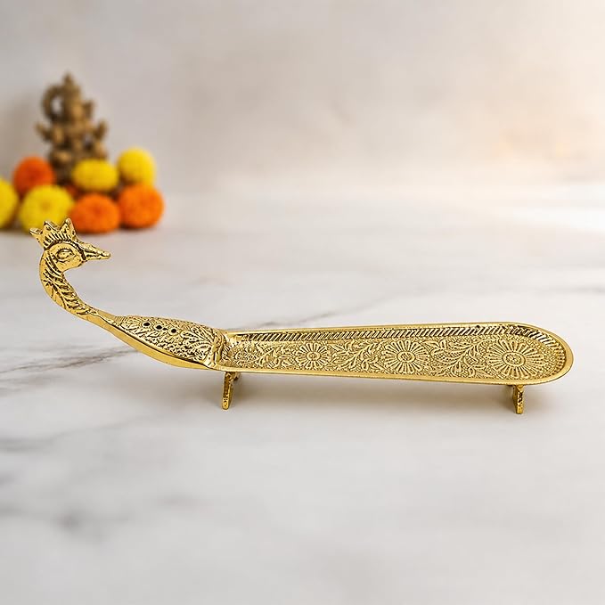 Putrika Brass Incense Stick Holder | Agarbatti Burner with Ash Catcher | Dhoop Batti Stand for Puja | Pooja Use – Peacock Engraved Design [24cm, 170g]