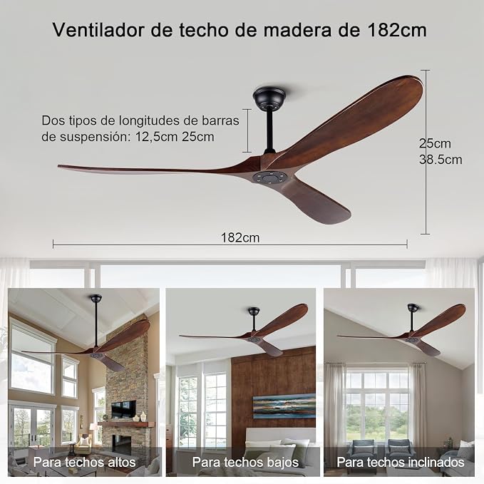 72 inch Ceiling Fans without Lights, Large Wood Ceiling Fan no Light with Remote, Outdoor Ceiling Fan for Patios Porch Living Room Offic, 6 Speed, Quiet DC MotorDeep Walnut Blades