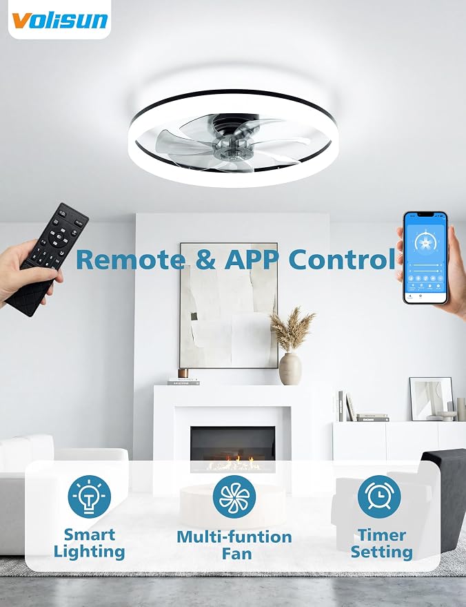 VOLISUN Low Profile Ceiling Fans with Lights and Remote, 24in Fandelier Ceiling Fan with Light, 3000K-6500K Dimmable Bladeless LED Fan Light, Black Flush Mount Ceiling Fans with Lights for Bedroom