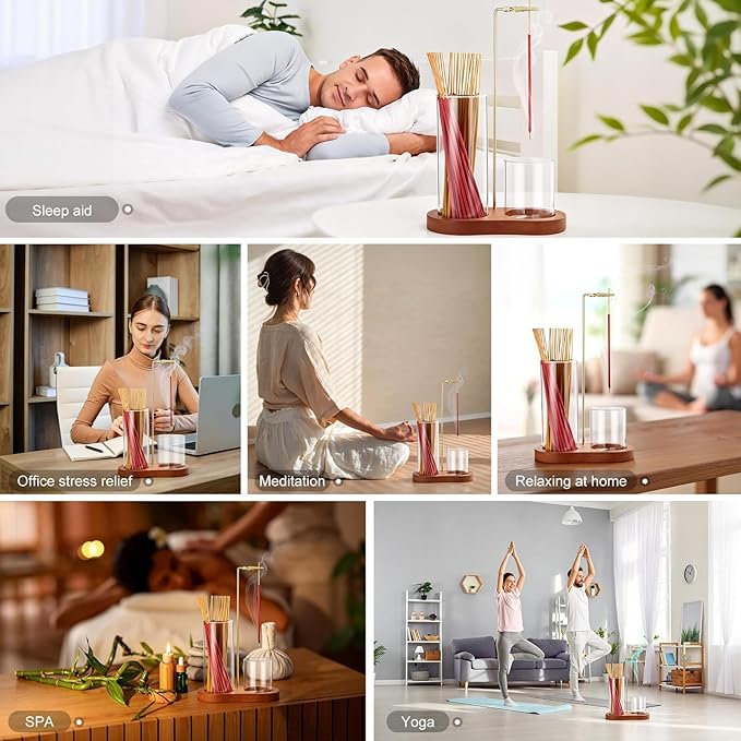 2 in 1 Glass Incense Holder for Sticks, Upside Down Incense Burner with Ash Catcher & Storage for Yoga Spa Home Decor Meditation - Brush & 40 Incense Sticks