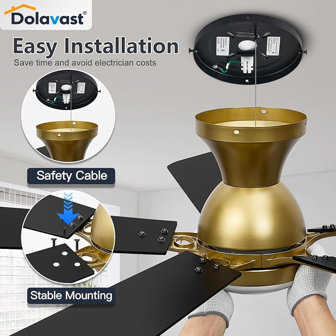Ceiling Fans with Lights, 52 Inch Low Profile Ceiling Fan with Light and Remote Control, Flush Mount, Reversible, 3CCT, Dimmable LED, Quiet, Gold Ceiling Fan for Bedroom, Living Room