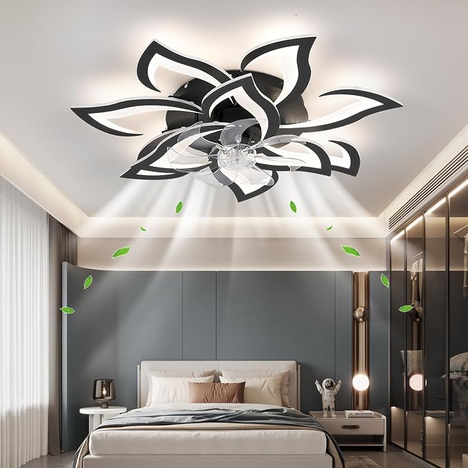 32" Black Flower Ceiling Fan with Light Remote Control, Low Profile Flush Mount Ceiling Fan for Kitchen Bedroom Living Room
