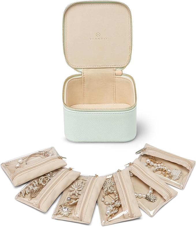 VLANDO Jewelry Travel Case,Travel Jewelry Organizer with Clear Velvet Jewelry Bags 6Pcs Zipper Pouch for Women Girl Gift-Mint Green