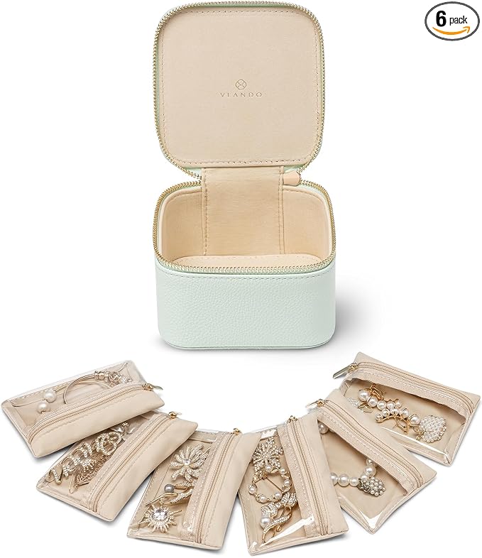VLANDO Jewelry Box with 6 Velvet Jewelry Bags Travel Jewelry Case for Women Girl Premium Petal Hardware Jewelry Organizer Necklace Rings Earrings Bags Bride Teacher Mom Gifts-Mint Green