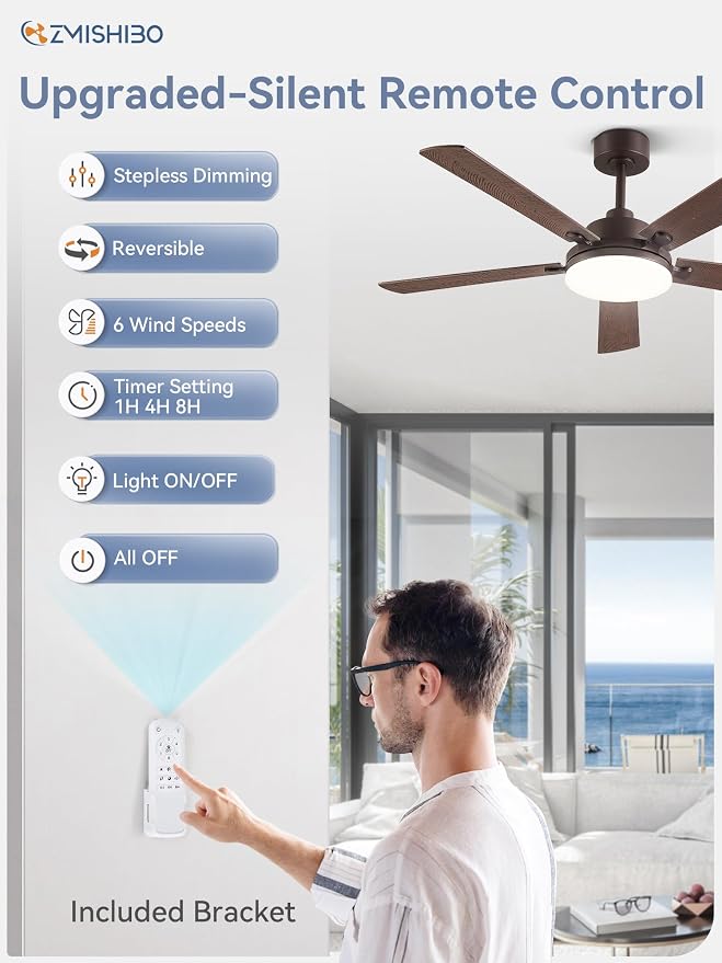 52 Inch Ceiling Fan with Remote, Indoor/Outdoor Brown Ceiling Fan with Large LED Panel, Quiet Reversible DC Motor, 6-Speed, 3000-6500K Stepless Dimming, Farmhouse Ceiling Fan for Bedroom, Living Room